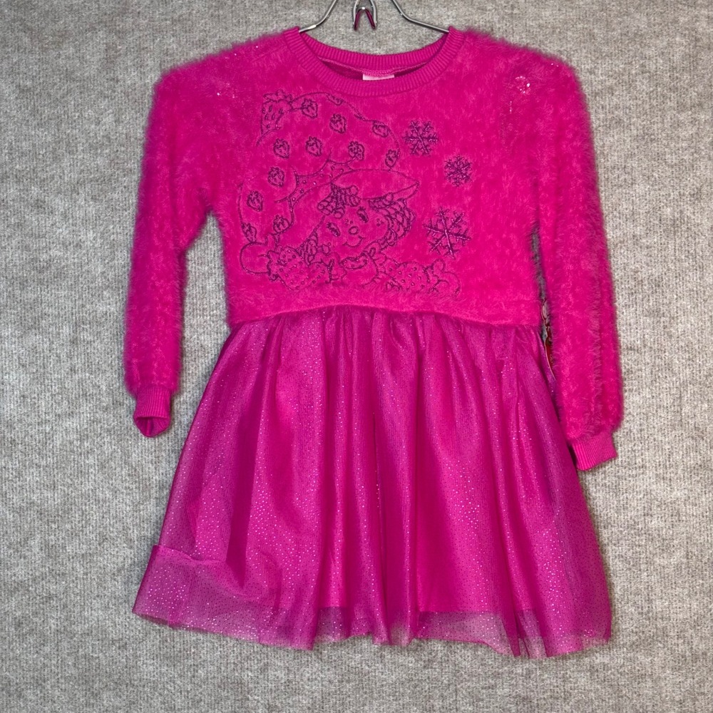 Strawberry Shortcake Faux Fur Tulle Dress Girls 5T Pink Glitter Winter Core